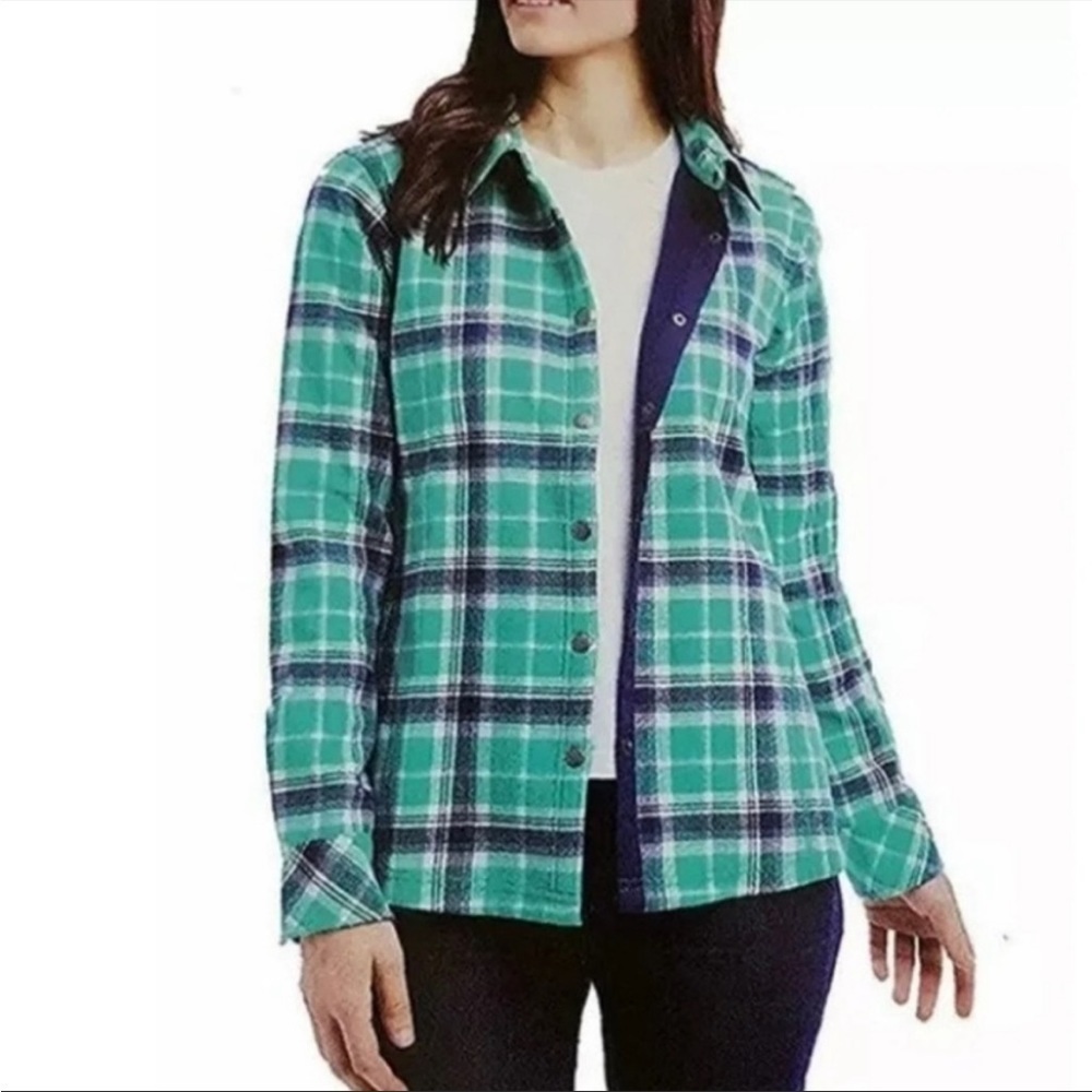 Orvis Blue & Green Plaid Fleece Lined Button Up Shirt Jacket Shacket‎ Womens XXL